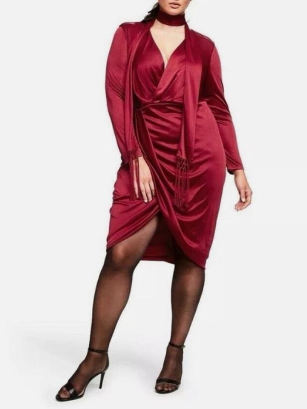 Altuzarra Burgundy Satin Wrap Midi Dress with Scarf Detail